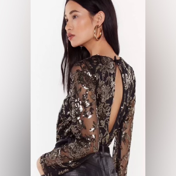 Nasty Gal - Black Sequin Mesh Blouse - Size 6 - Picture 2 of 5